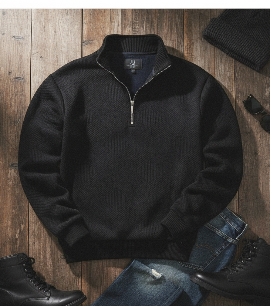 Black quarter-zip sweater on a wooden surface with jeans and boots.